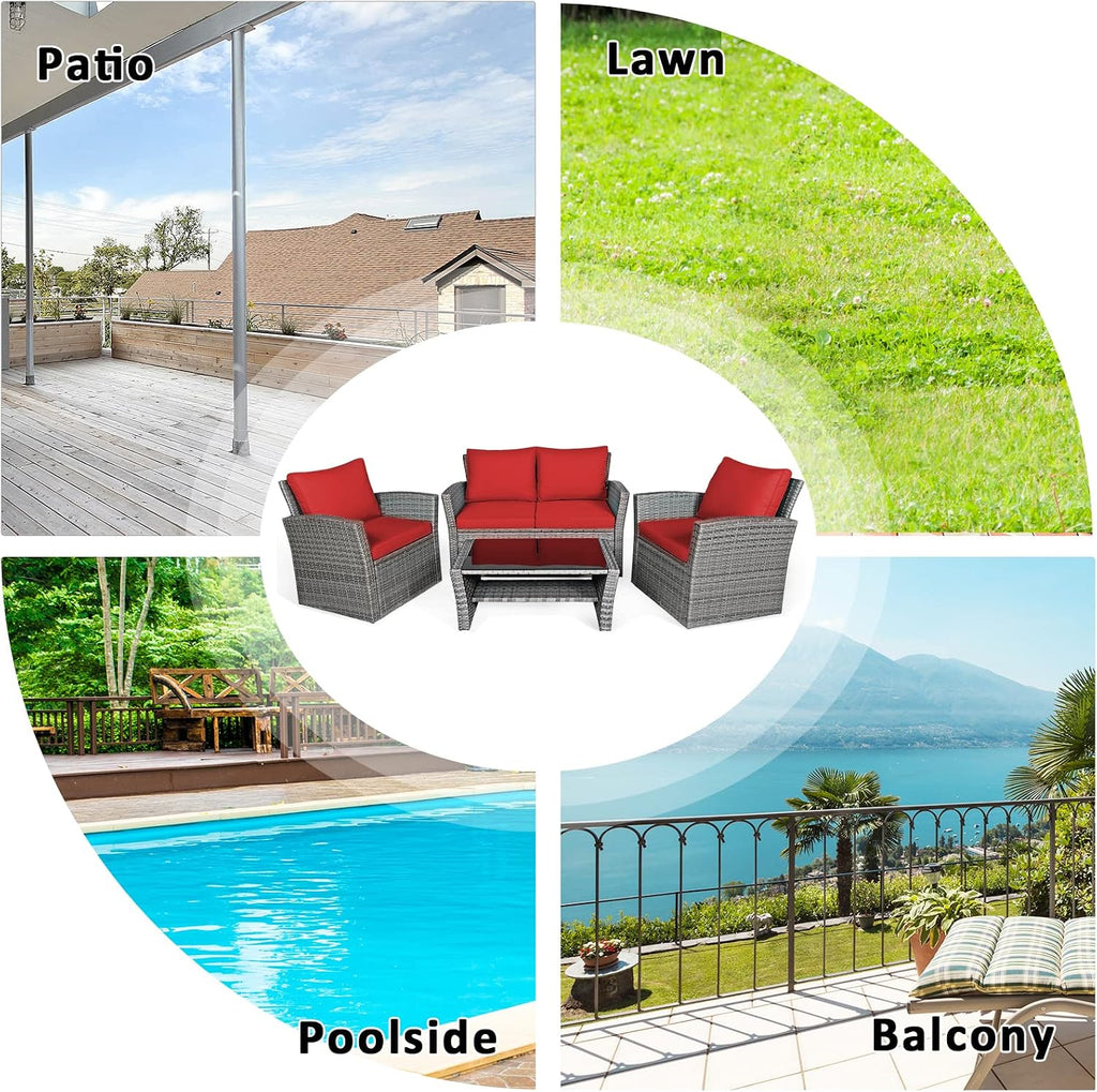 COSTWAY 4 Pieces Patio Rattan Furniture Set, Outdoor Wicker Sofa Set with Tempered Glass Coffee Table, Cushions, All Weather Rattan Conversation Set for Yard Balcony Backyard Pool (Red)