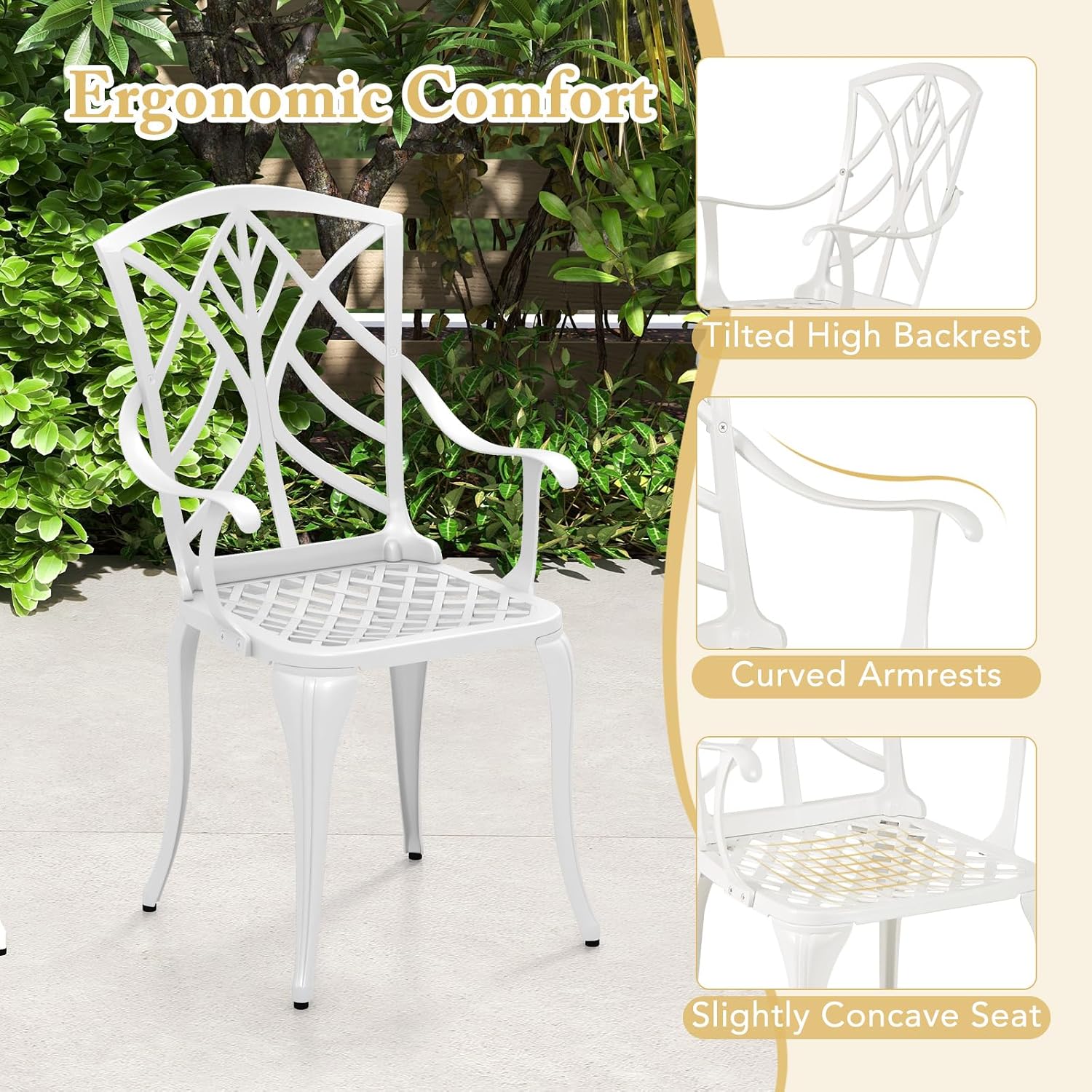 Tangkula 5 Pieces Cast Aluminum Outdoor Dining Set, Round Dining Table with 2' Umbrella Hole & 4 Armchairs, All-Weather Outdoor Furniture Set for Patio, Balcony, Garden & Backyard, White