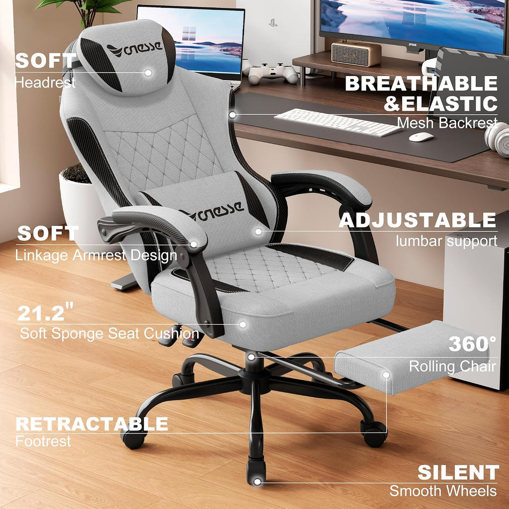 Vonesse Office Chair, Gaming Chair with Linen Breathable Mesh Fabric, Desk Chair with Adjustable Lumbar Support, Executive Computer Chairs with Footrest and Headrest (Light Gray)