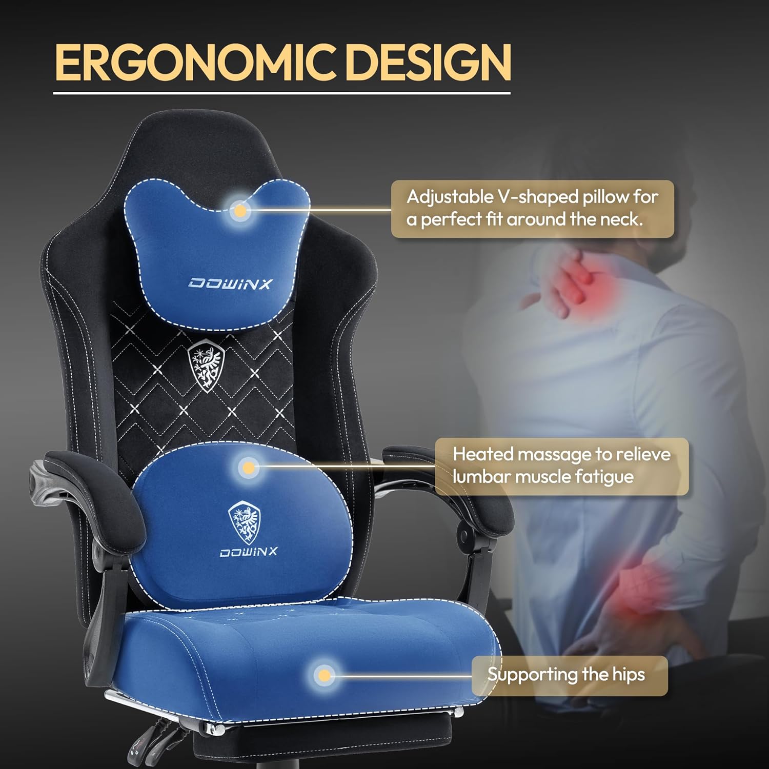 Dowinx Gaming Chair with Heated Massage Lumbar Support,Big and Tall Fabric Gaming Chairs for Adults with Footrest, Ergonomic Computer Game Chair with Poket Spring Cushions, 350lbs, Black and White