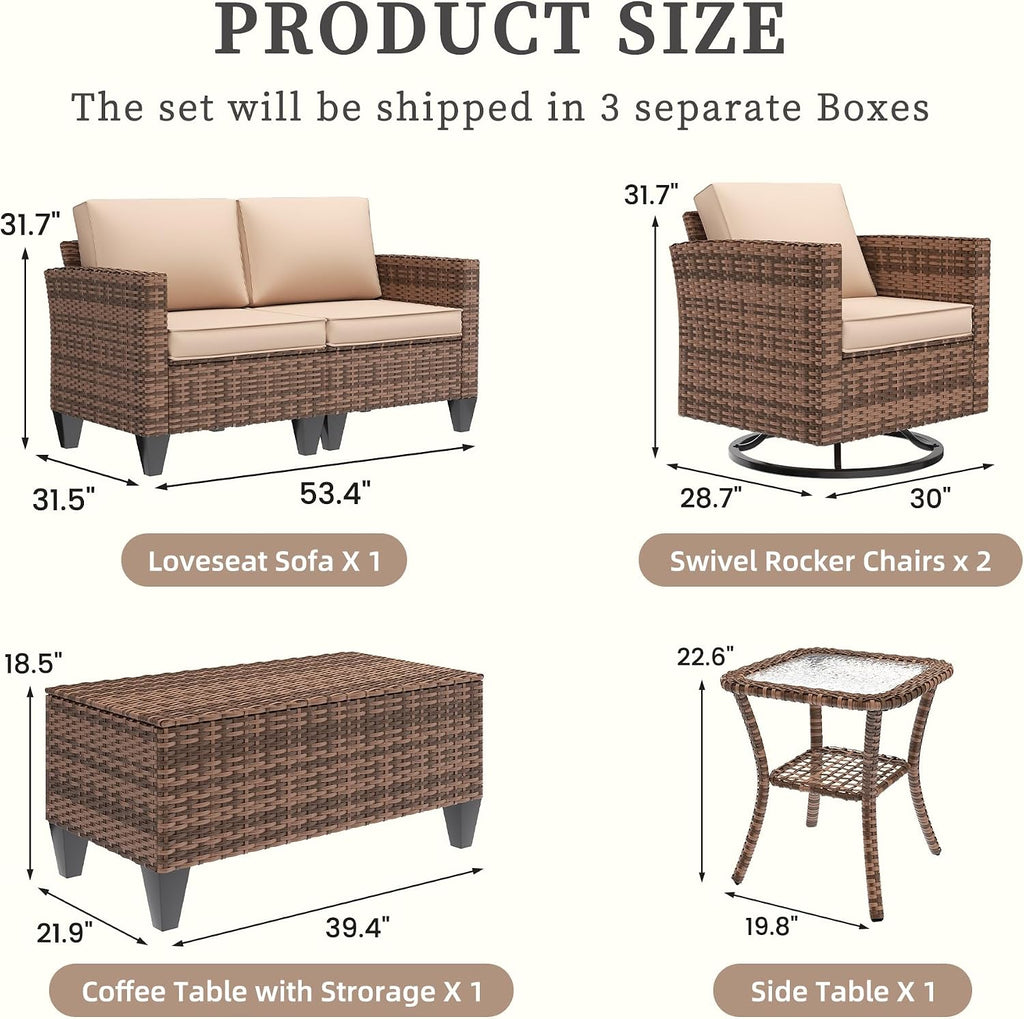 UDPATIO Patio Furniture Set, 5 Pieces Outdoor Furniture Sets with Rocking Swivel Chairs, Wicker Rattan Patio Conversation Set with Storage Table and Waterproof Covers for Backyard Deck Porch, Khaki