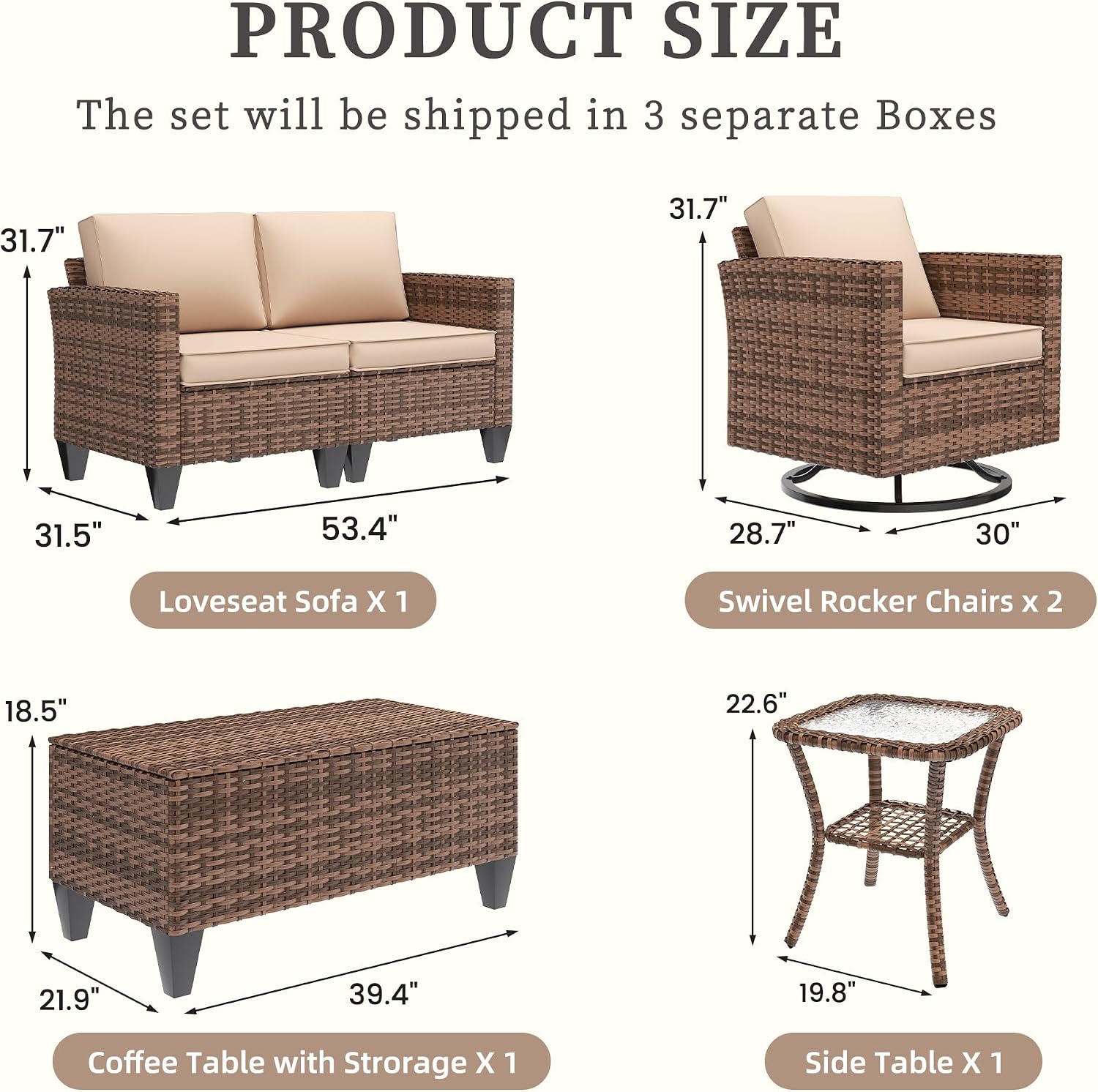 UDPATIO Patio Furniture Set, 5 Pieces Outdoor Furniture Sets with Rocking Swivel Chairs, Wicker Rattan Patio Conversation Set with Storage Table and Waterproof Covers for Backyard Deck Porch, Khaki