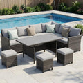 Wisteria Lane 7 Piece Patio Furniture Set, High Curved Back Wicker Patio Sectional, All Weather Outdoor Dining Set, Outdoor Furniture Patio Conversation Set with Ottoman, Ash Gray
