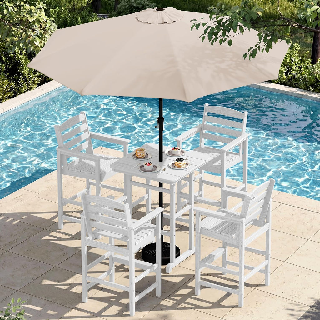 SERWALL 6 Pieces Outdoor Patio Bar Set with 9ft Umbrella, Outdoor HDPE Barstool and Table Furniture Set with Patio Umbrella, White