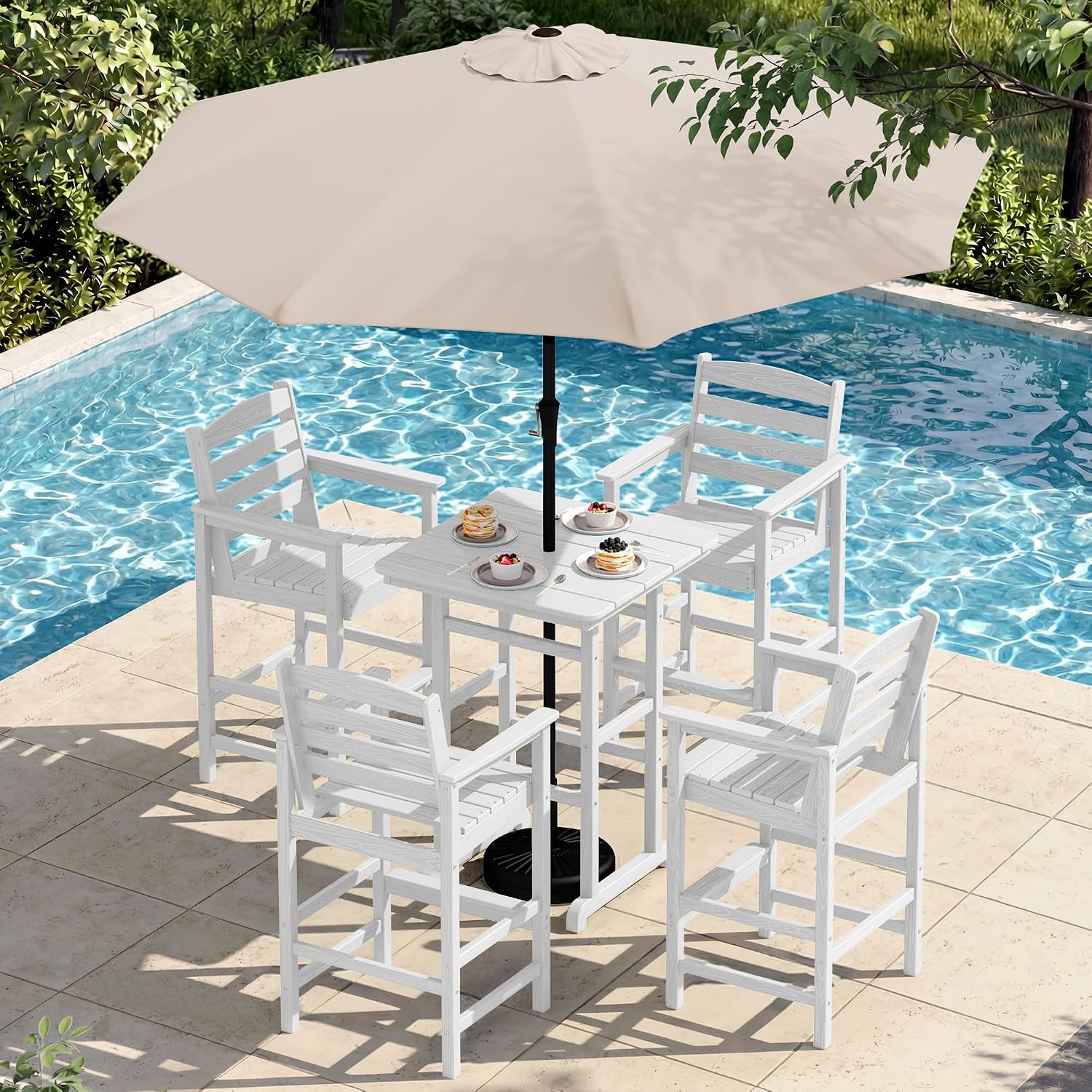 SERWALL 6 Pieces Outdoor Patio Bar Set with 9ft Umbrella, Outdoor HDPE Barstool and Table Furniture Set with Patio Umbrella, White