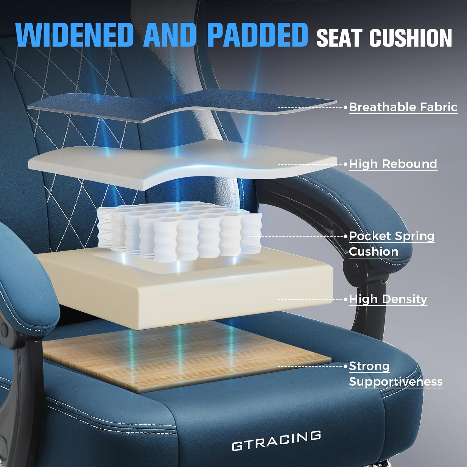 GTPLAYER Big and Tall Gaming Chair Breathable Fabric Computer Chair with Strong Lumbar Support, Comfortable Office Chairs with Pocket Spring Cushion, High Back Ergonomic Desk Chairs with Footrest