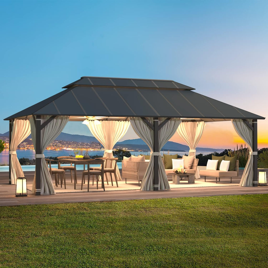 EROMMY 12' x 20' Gazebo Outdoor Double Roof Aluminum Composite Canopy Aluminum Frame Pavilion with Curtains and Netting for Patio Lawn Garden Backyard