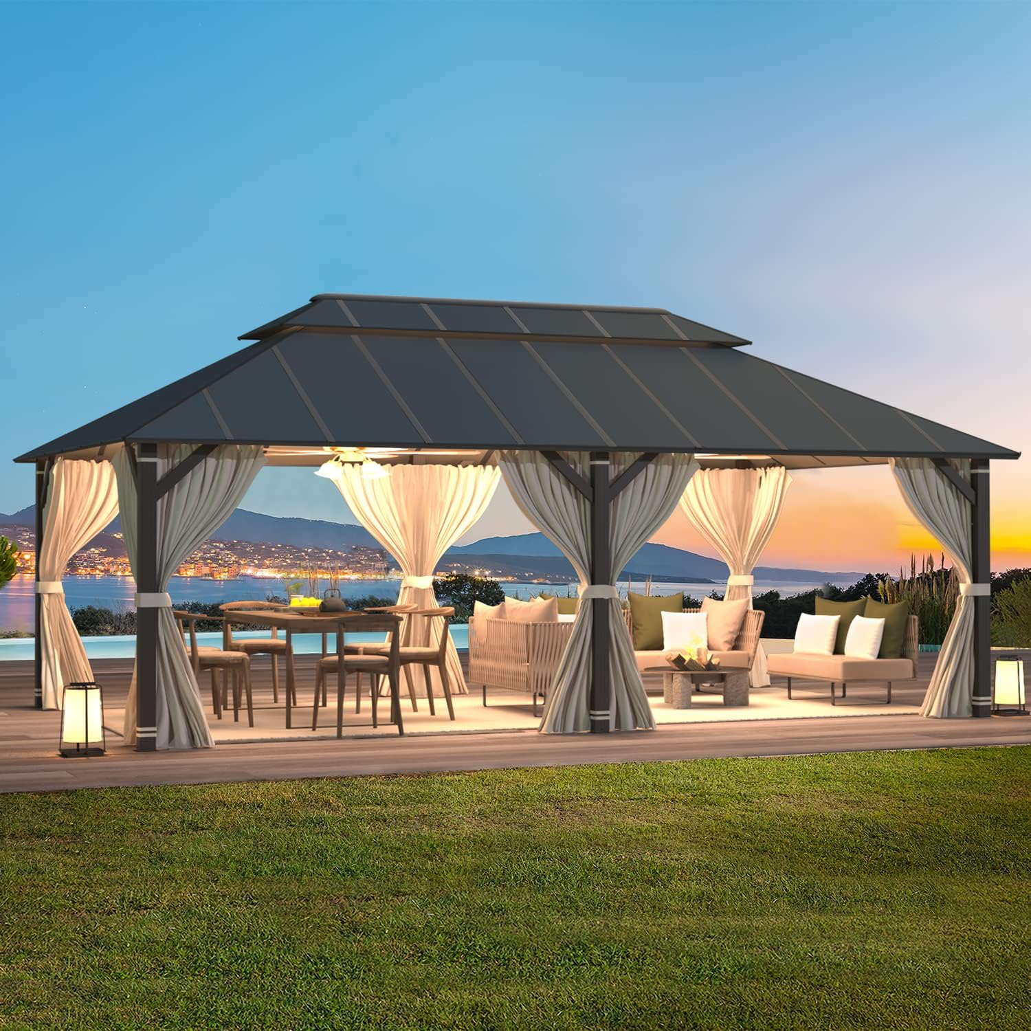 EROMMY 12' x 20' Gazebo Outdoor Double Roof Aluminum Composite Canopy Aluminum Frame Pavilion with Curtains and Netting for Patio Lawn Garden Backyard