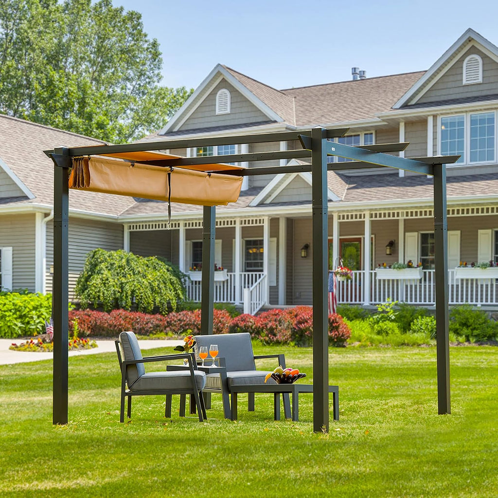 Domi 10' x 10' Outdoor Retractable Pergola, Gazebo Modern Grape Trellis Pergola with Sun Shade Canopy, Patio Aluminum Shelter for Garden Porch Beach Yard