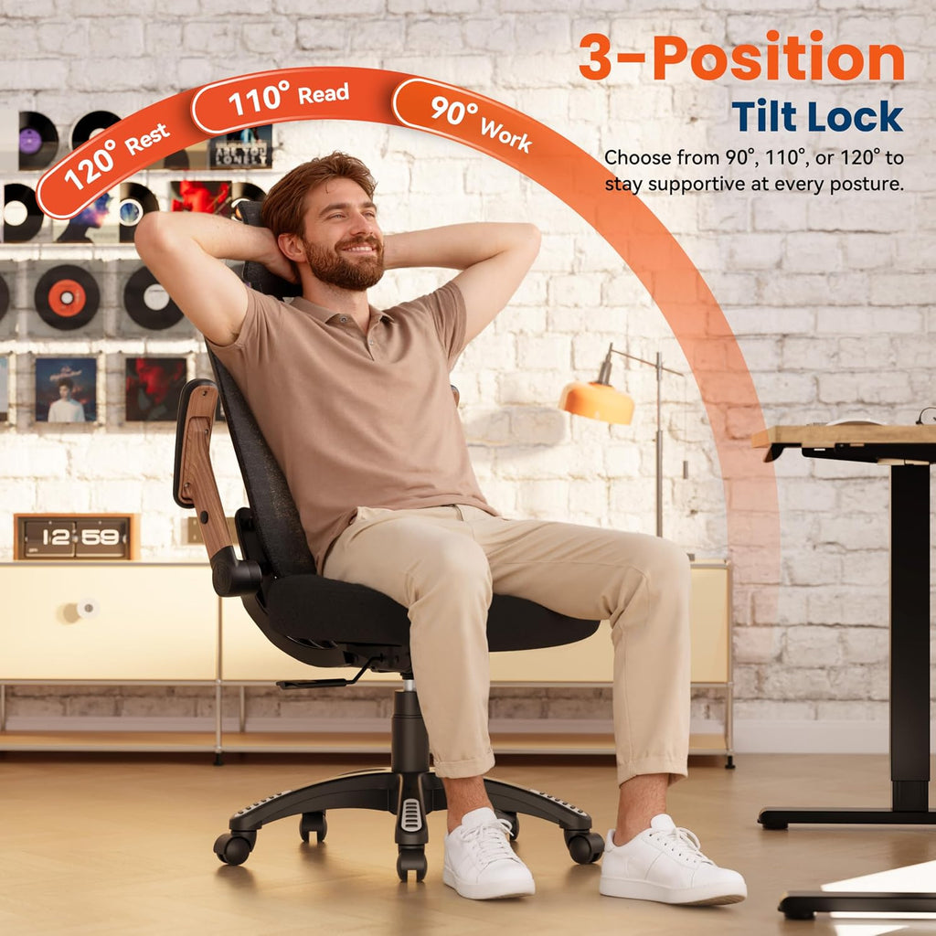GABRYLLY Ergonomic Office Chair, High Back Home Desk Chair with Flip-Up Arms, 3D Headrest, Thick Sponge Seat &90-120° Recline, Big and Tall Mesh Executive Chairs for Man Woman, Black Woodgrain