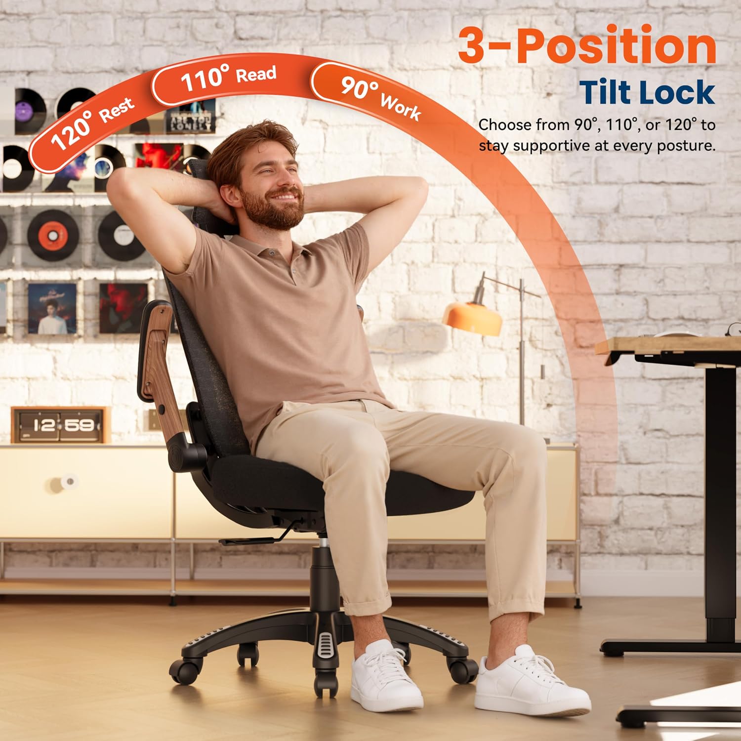 GABRYLLY Ergonomic Office Chair, High Back Home Desk Chair with Flip-Up Arms, 3D Headrest, Thick Sponge Seat &90-120° Recline, Big and Tall Mesh Executive Chairs for Man Woman, Black Woodgrain