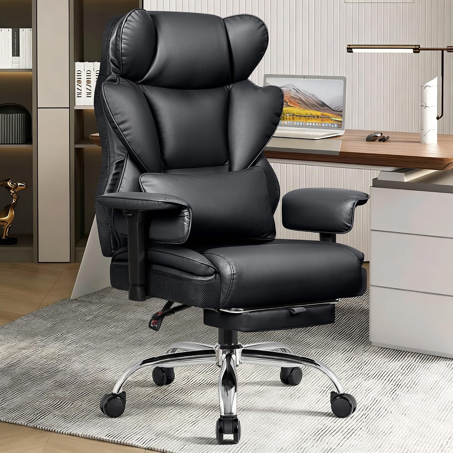 BESTFAIR Big and Tall Office Chair - Heavy Duty 400 LBS Executive Chair with Lumbar Support & Foot Rest, High Back Ergonomic Desk Chair, Padded Wide Seat Gaming Chair, Adjustable Armrests, Black