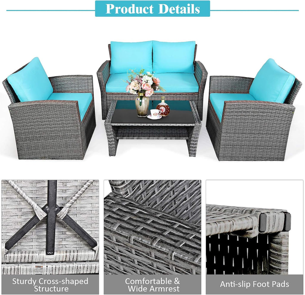 COSTWAY 4 Pieces Patio Rattan Furniture Set, Outdoor Wicker Sofa Set with Tempered Glass Coffee Table, Cushions, All Weather Rattan Conversation Set for Yard Balcony Backyard Pool (Turquoise)