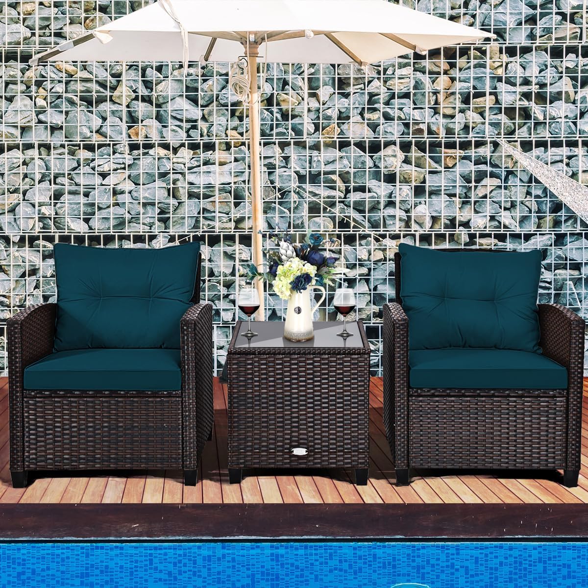 RELAX4LIFE 3 Piece Patio Furniture Set, Wicker Bistro Conversation Set w/2 Cushioned Armchairs & Glass Topped Table, Outdoor Rattan Sofa Set Patio Furniture for Porch Balcony Poolside (Peacock Blue)
