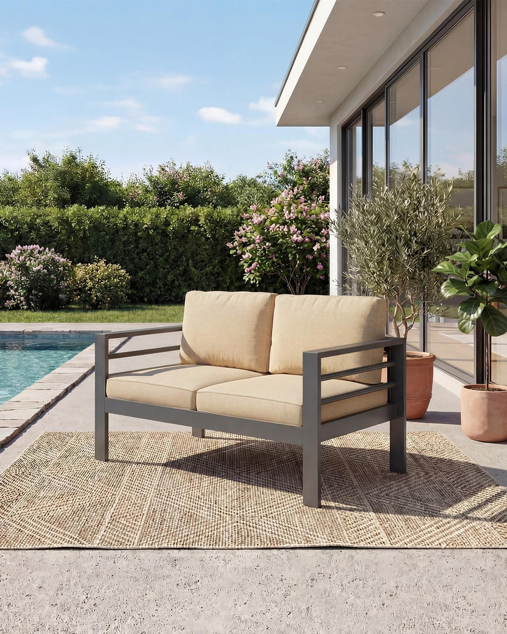 AECOJOY Aluminum Patio Furniture Loveseat, Modern Outdoor Furniture with Washable 5 inch Thick Cushion, Beige