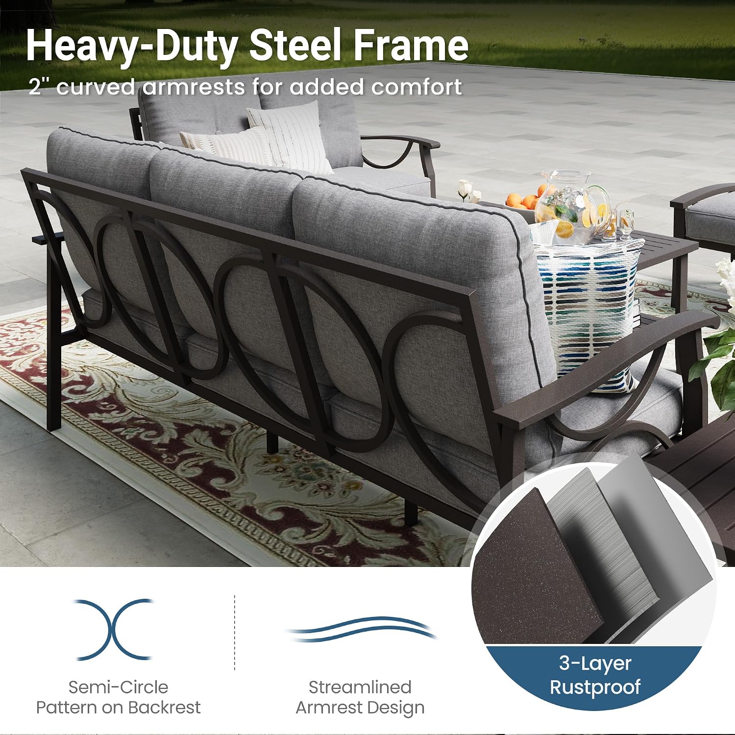 FansaFurn 5-Piece Outdoor Patio Furniture Set, Outdoor Metal Sectional Furniture with Cushions, Outdoor Conversation Seating Set with Coffee Table for Balcony, Garden, Deck, Backyard, Grey