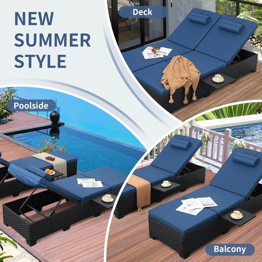 WAROOM Outdoor Chaise Lounge Chairs for Outside Patio Furniture Set of 2 Wicker Recliner Black Rattan Sunbathing Lounger Adjustable Backrest Pool Reclining Chair, Navy Blue Cushion