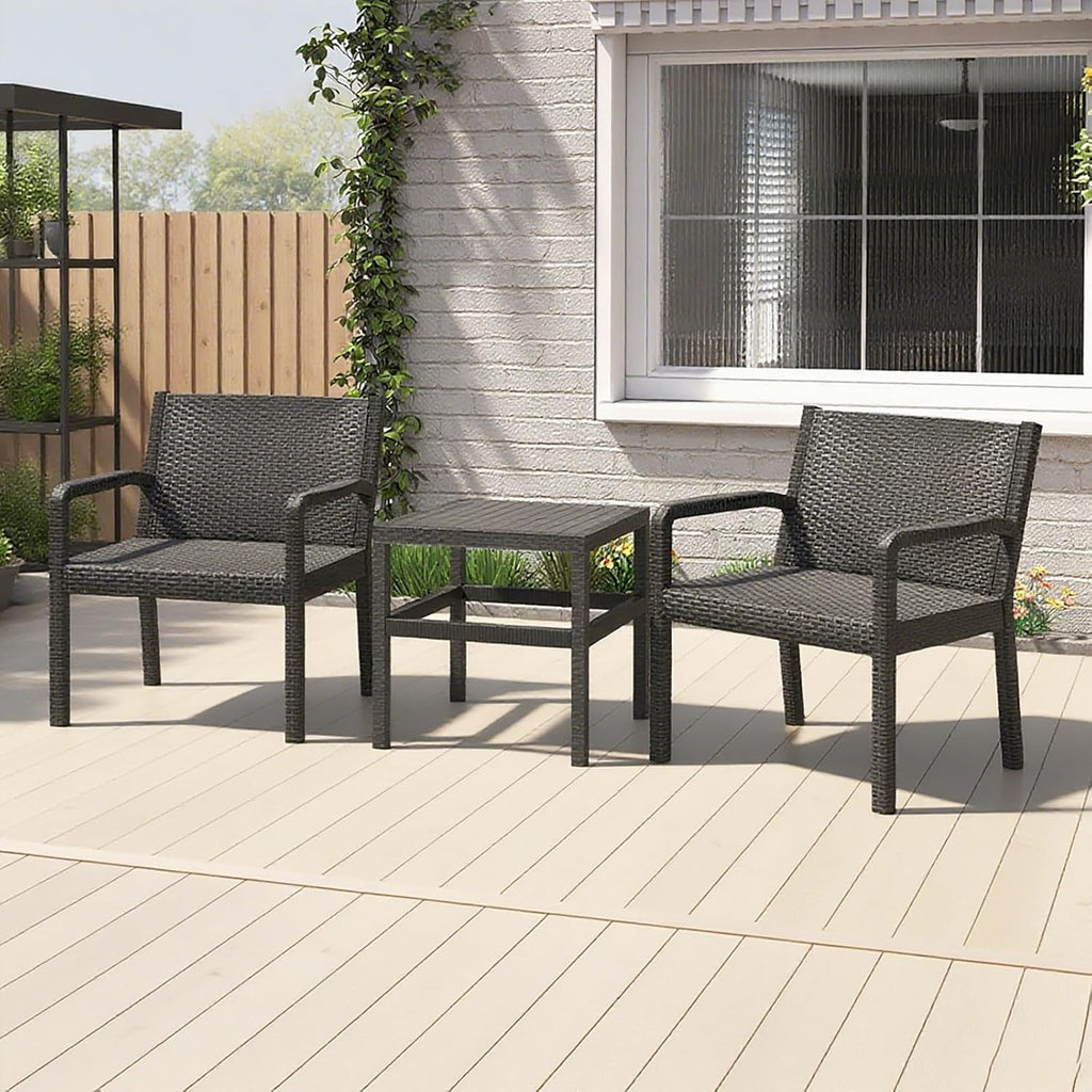 COSTWAY 3 Piece Patio Furniture Set, Outdoor PP Rattan Wicker Furniture Set with 2 Modern Rattan Armchair and 25' Squire Side Table for Patio, Garden, Poolside, Bistro, Black