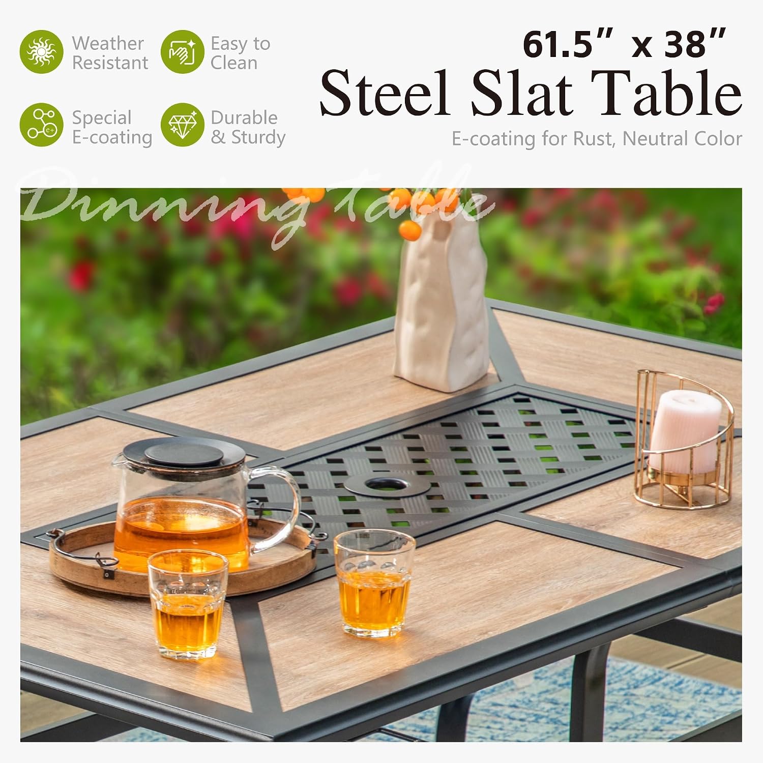 Sophia & William Patio Set with Umbrella Patio Dining Set for 6 with 13ft Rectangle Patio Umbrella Beige, 6 x Patio Chairs Blue, 1 Wood Like Outdoor Dining Table with Umbrella Hole for Lawn Garden