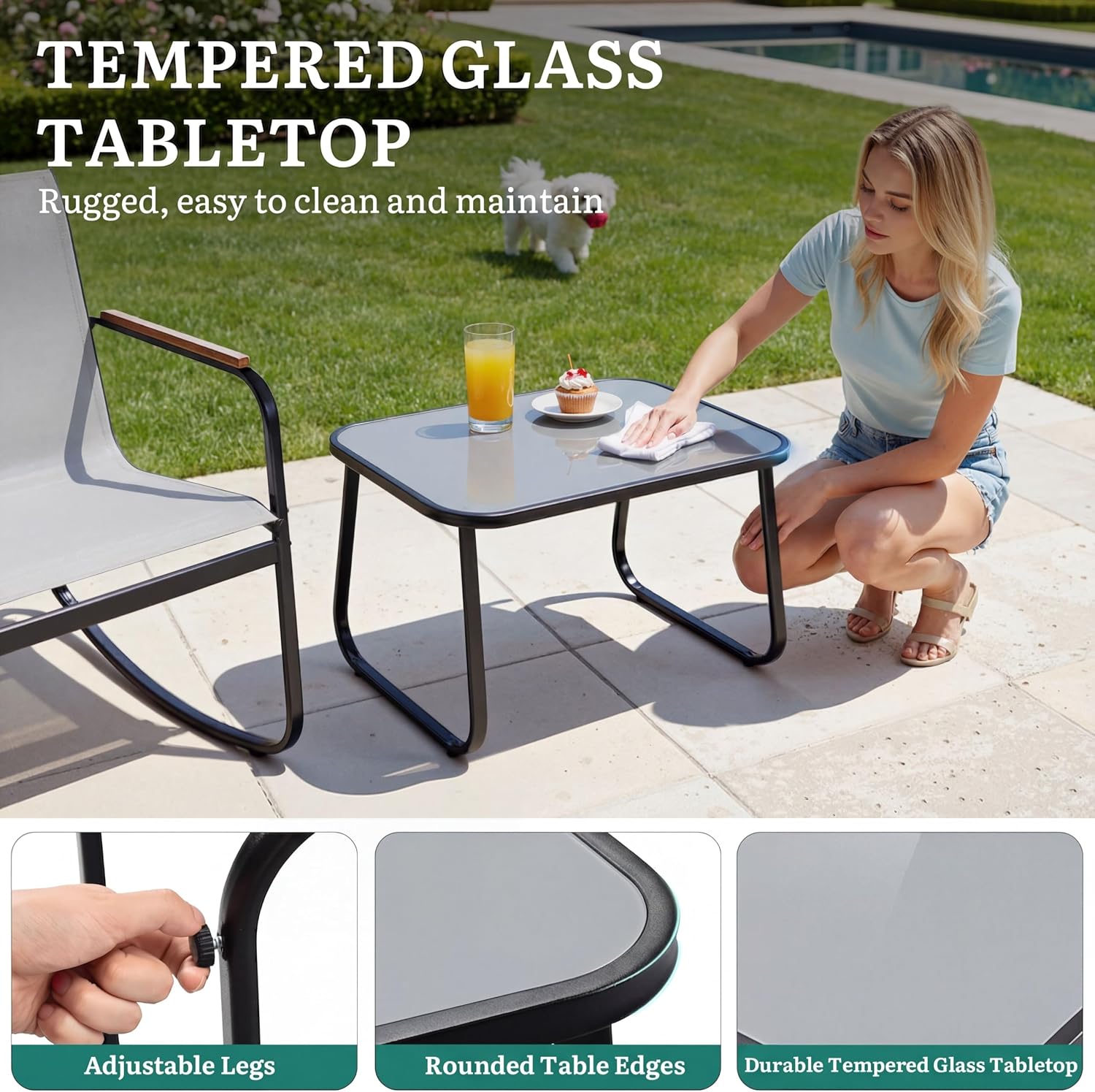 YITAHOME 4 Pieces Patio Furniture Set, Outdoor Textilene Conversation Sets Rocking Bistro Chairs, Loveseat and Glass Table for Living Room Lawn Garden Balcony Poolside Backyard (Grey)