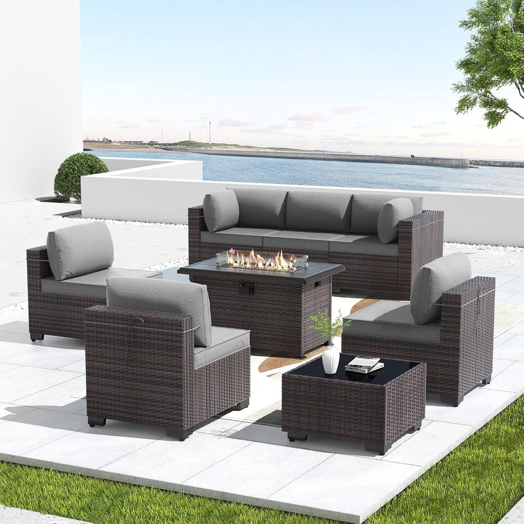 Kullavik 8 Pieces Outdoor Patio Furniture Set with 43' 55000BTU Gas Propane Fire Pit Table PE Wicker Rattan Sectional Sofa Patio Conversation Sets,Grey