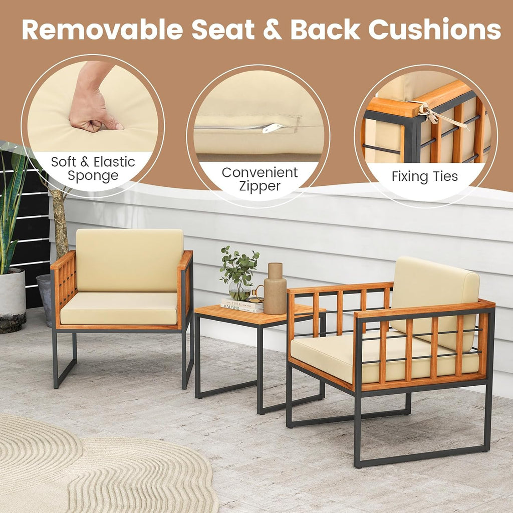 Tangkula 3 Pieces Patio Chair Set, Acacia Wood Outdoor Sofa Set with Metal Support, Soft Seat & Back Cushions Included, Cushioned Bistro Set for Balcony, Porch, Backyard (Beige)