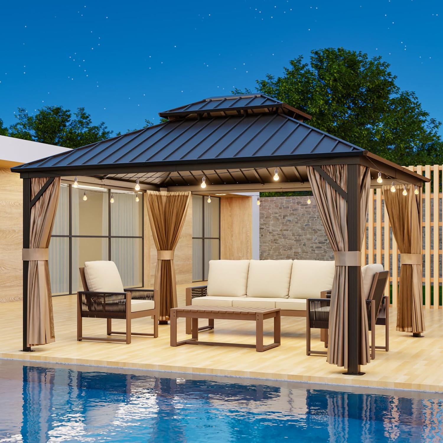 12x14 Hardtop Gazebo with Netting and Curtains, Galvanized Steel Double Roof Outdoor Pavilion with Aluminum Frame, Patio Gazebo for Deck, Garden, Lawn, Dark Brown/Tan