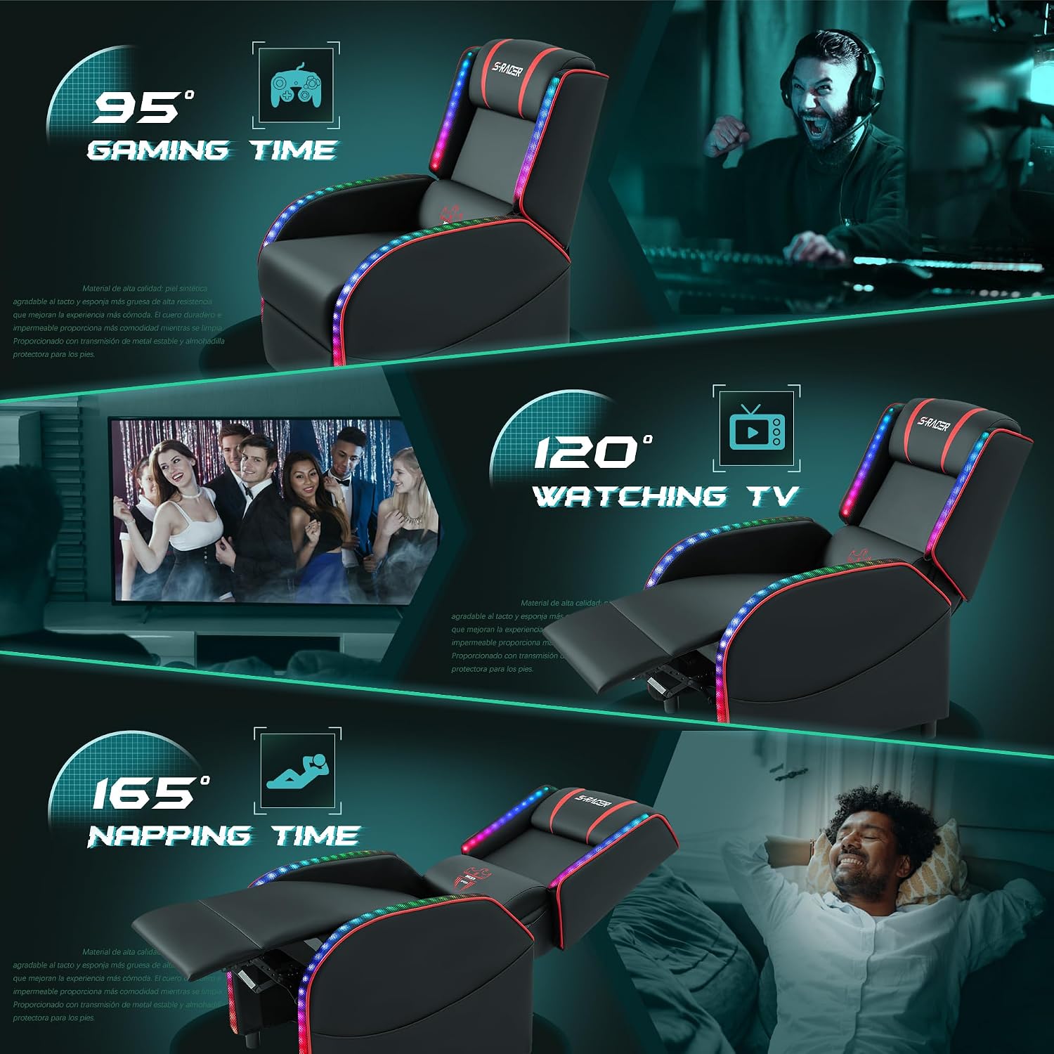 Homall LED Gaming Massage Recliner Chair Racing Style Single Living Room Sofa Comfortable Ergonomic Home Theater Seating(Red)