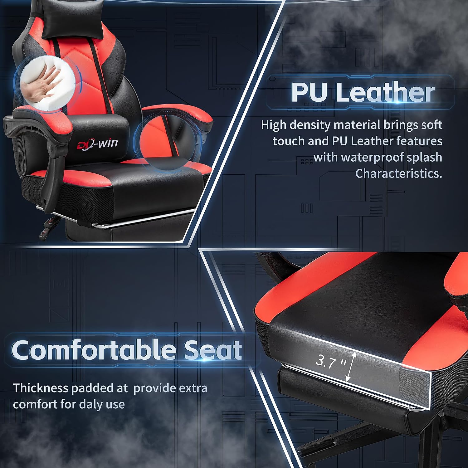 Gaming Chair, Office Chair with Footrest and Lumbar Support, Height Adjustable Game Chair with 360°-Swivel Seat and Headrest and for Office or Gaming (Deep Red)