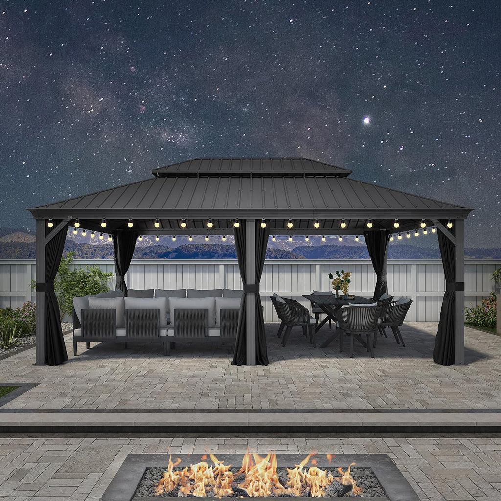 PURPLE LEAF 14' x 20' Patio Hardtop Gazebo Metal Roof Heavy Duty Wind Resistance Outdoor Permanent Large Pavilion Gazebo for Patio Deck and Garden, Netting and Curtains Included, Light Grey