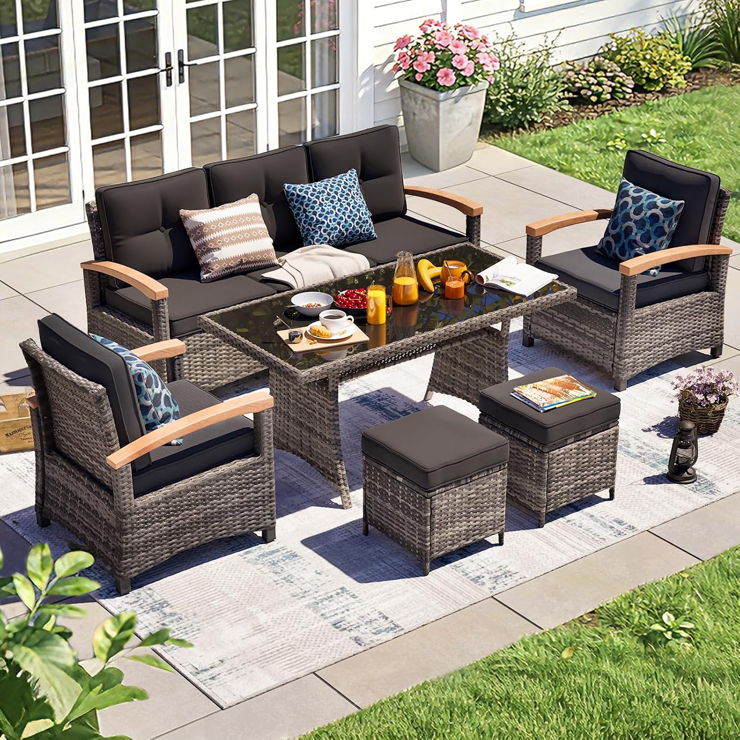 MEISSALIVVE 6 Pieces Patio Furniture Sets, PE Wicker Outdoor Conversation Sets with 2 Wood Armrests Swivel Glide Chairs, 2 Ottomans and Dining Table (Black)