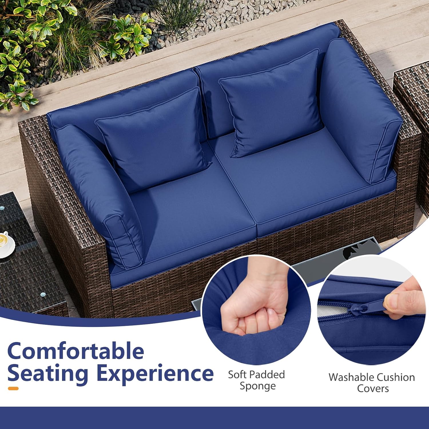 Tangkula 7 Pieces Wicker Patio Furniture Set with 40,000 BTU Gas Fire Pit Table & Propane Tank Cover Table & Glass Top Coffee Table, for Garden, Backyard and Poolside (Navy)