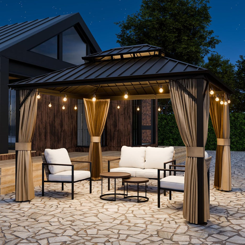 COOS BAY 12x10 Hardtop Gazebo with Aluminum Frame, Galvanized Steel Roof with UV Protection for Patio, Backyard, Garden, Outdoor Events, Dark Brown/Tan
