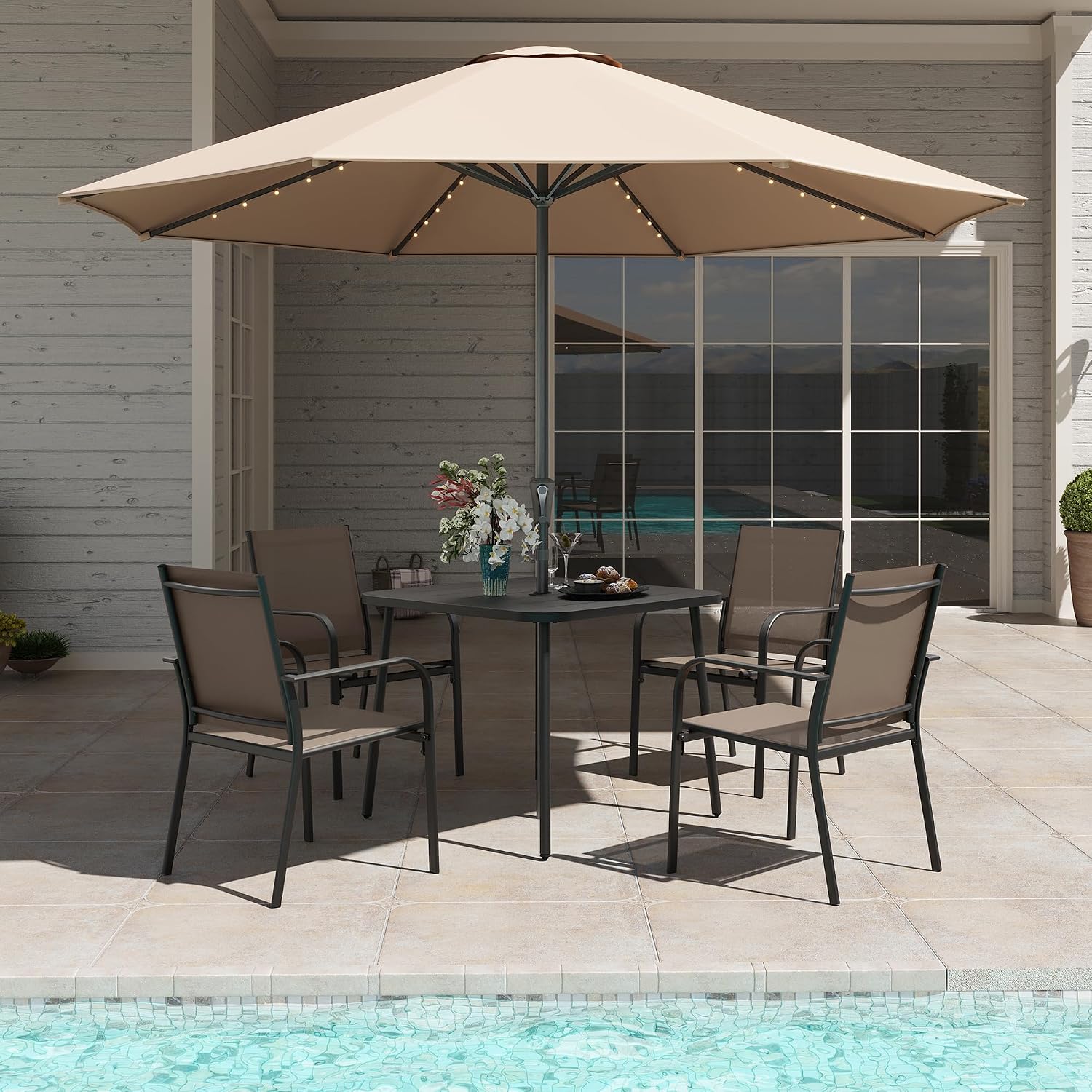 LAUSAINT HOME 5 Pieces Outdoor Dining Set, Patio Furniture Set of 4 Textilene Chairs with Square Metal Slatted Table with Umbrella Hole, Outdoor Table and Chairs Set for Backyard, Garden, and Poolside