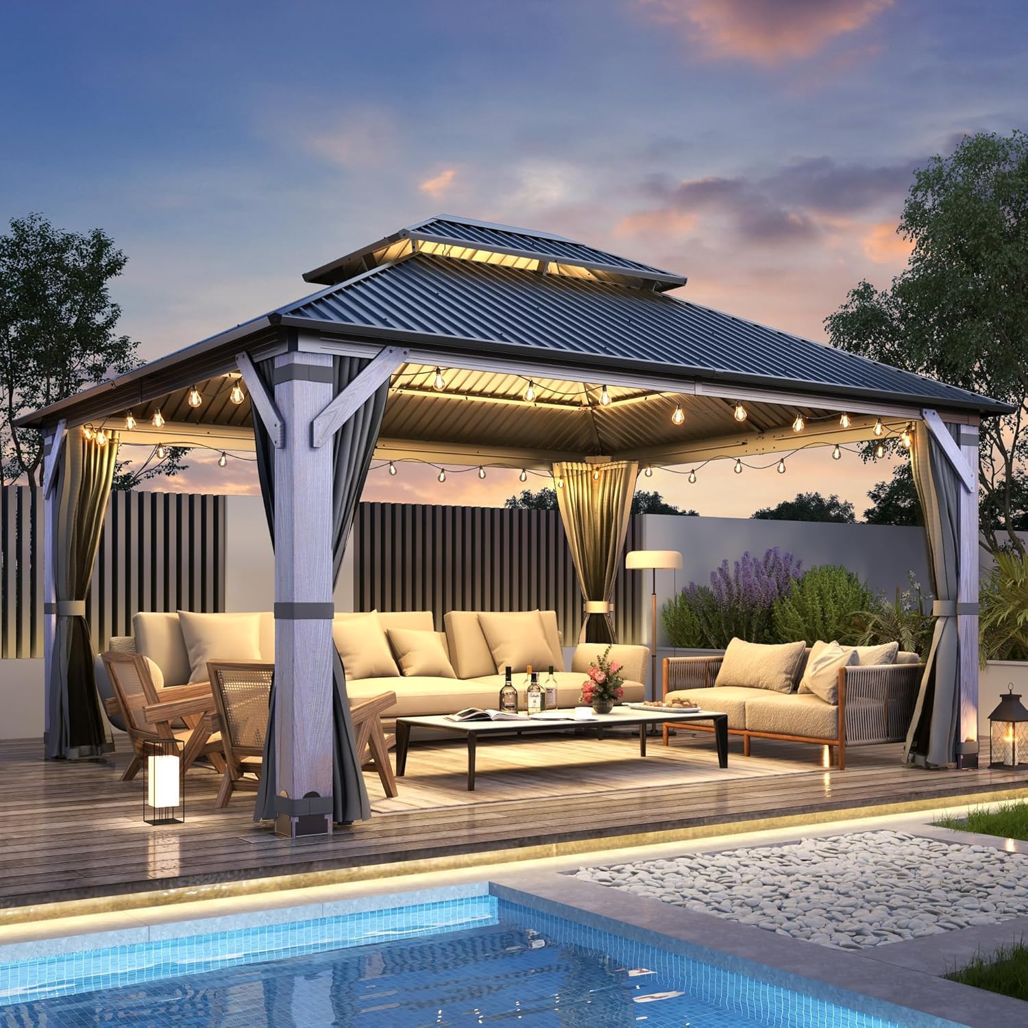 COVERONICS 12'x14' Outdoor Wood Gazebo - Hardtop Wooden Gazebo with Galvanized Steel Roof, Heavy-Duty Pavilion with Netting & Curtains for Garden, Poolside, Deck, Backyard