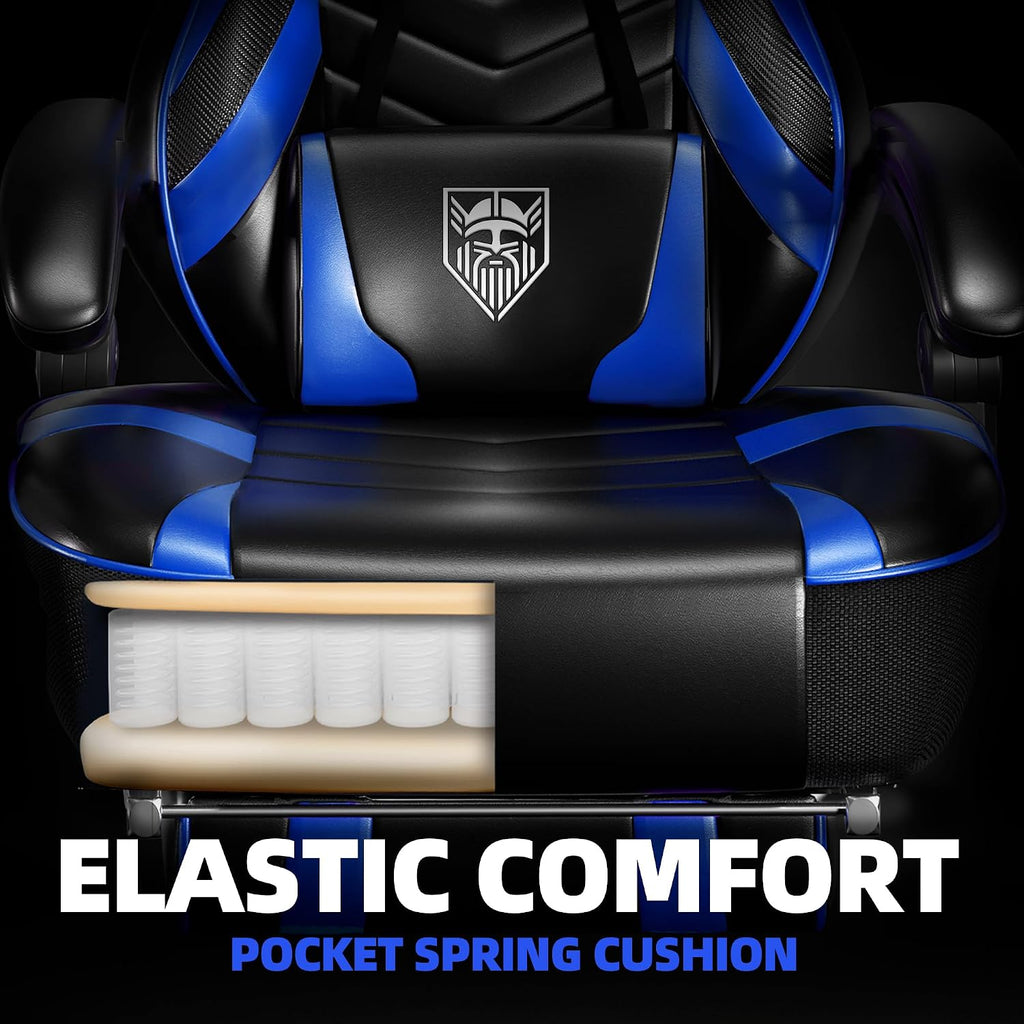 Vonesse Gaming Chair, Big and Tall Gaming Chair with Footrest and Massage, Gaming Chairs for Adults with Lumbar Support, Ergonomic High Back Computer Chair with Pocket Spring Cushion (Black/Blue)