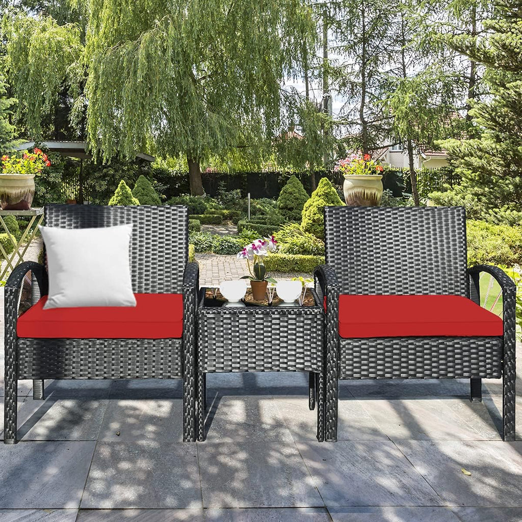 Tangkula 3 PCS Patio Conversation Set, Outdoor Rattan Sofa Set with Seat Cushions & Coffee Table, Patio Wicker Furniture Set for Garden Balcony Backyard Poolside (Red)