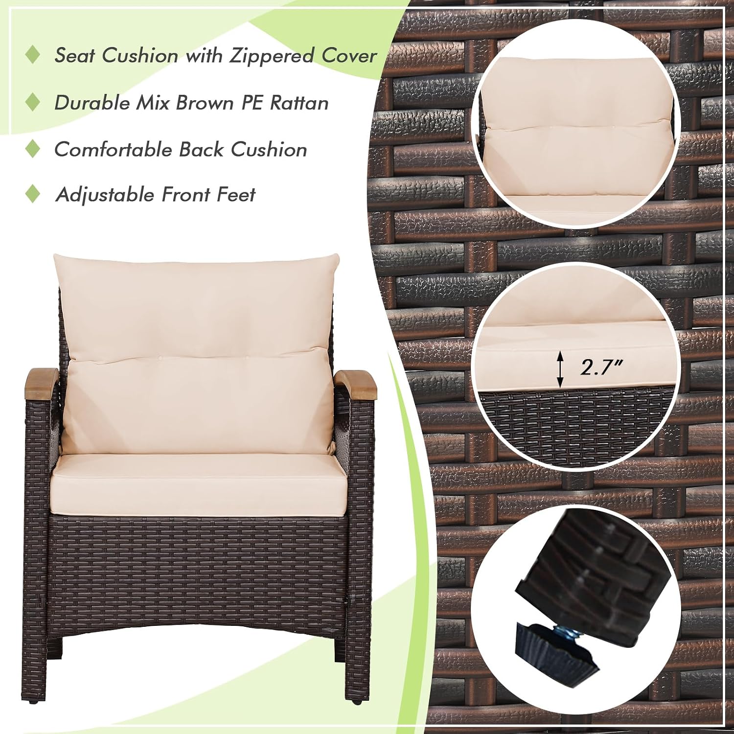 Tangkula 3-Piece Patio Furniture Set, Patiojoy Outdoor Rattan Sofa Set with Coffee Table, Patio Conversation Set with Removable Cushion, Cozy Acacia Wood Armrests for Backyard, Poolside (Beige)