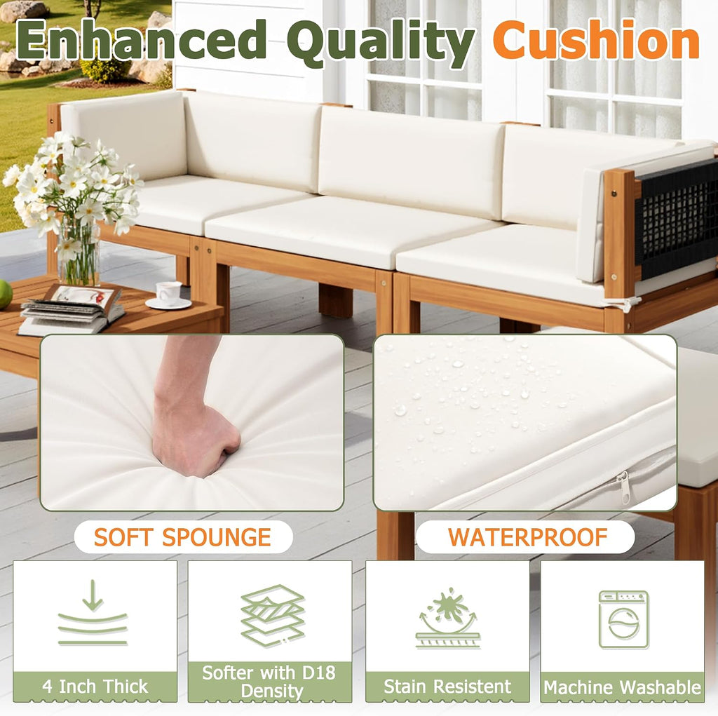 Devoko 7 Piece Acacia Wood Patio Sofa, Outdoor Sectional Coach and Love Seat with Coffee Table, Acacia Wood Patio Furniture Set for Balcony,Porch,Garden