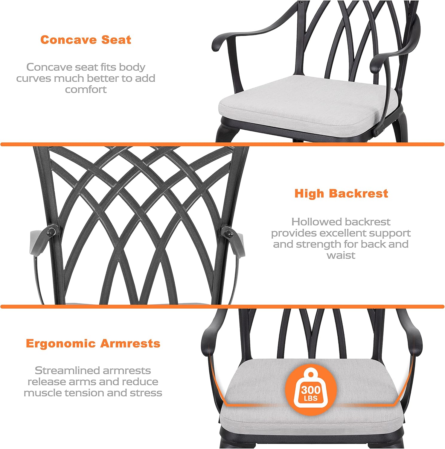 NUU GARDEN Bistro Set 3 Piece Outdoor Cast Aluminum Patio Bistro Set Patio Table and Chairs Set of 2 with Umbrella Hole and Gray Cushions, Black