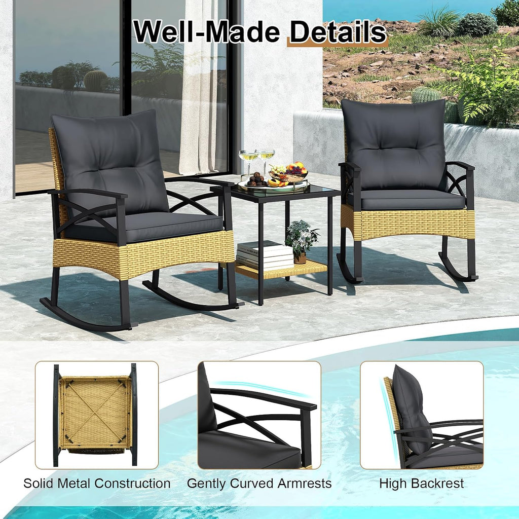 Tangkula 3 Pieces Outdoor Rocking Chairs Set, Rattan Heavy Duty Cushioned Rocker Chairs with 2-Tier Tempered Glass Coffee Table, for Garden, Balcony, Backyard (Yellow+Gray)