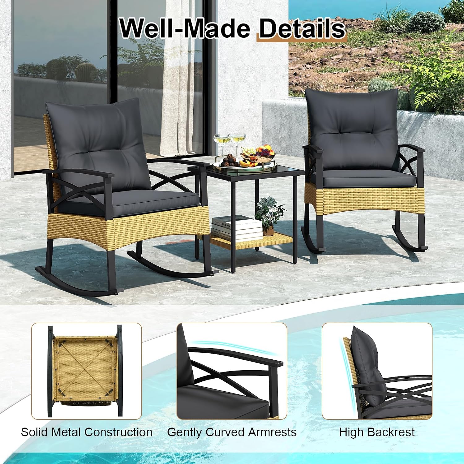 Tangkula 3 Pieces Outdoor Rocking Chairs Set, Rattan Heavy Duty Cushioned Rocker Chairs with 2-Tier Tempered Glass Coffee Table, for Garden, Balcony, Backyard (Yellow+Gray)