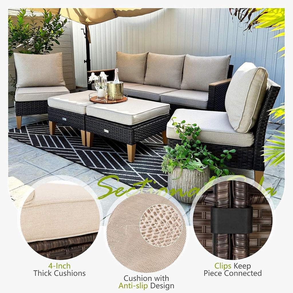 Sophia & William Outdoor Sectional Sofa 2 Piece Patio Wicker Furniture Set, Large Single Sofa Chairs, Deck Porch Furniture with 4' Thick Cushions(Beige)