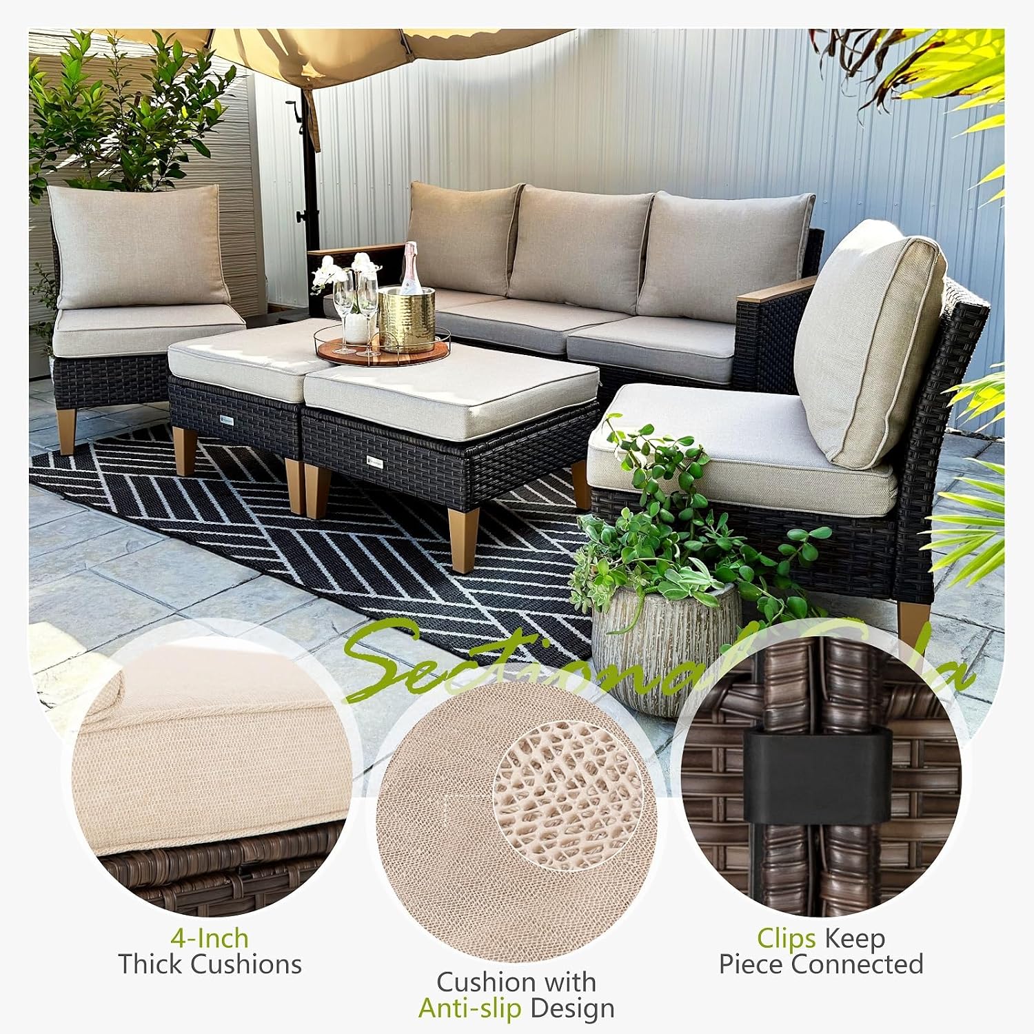 Sophia & William Outdoor Sectional Sofa 2 Piece Patio Wicker Furniture Set, Large Single Sofa Chairs, Deck Porch Furniture with 4' Thick Cushions(Beige)