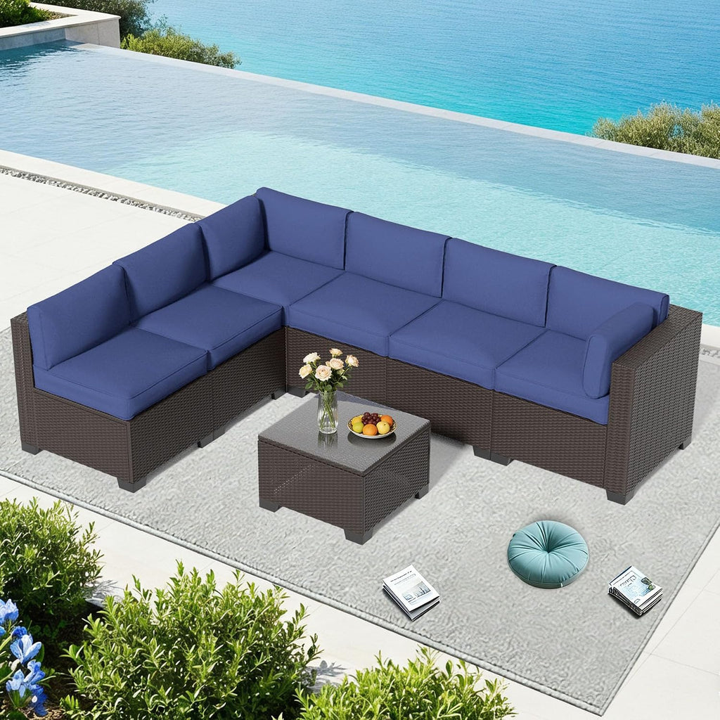 YLGJ&TIDY 7-Piece Outdoor Sectional Patio Furniture Set, All-Weather Wicker Rattan Sofa w/Thick Washable Cushions & Tempered Glass Table, Perfect for Garden, Poolside, Backyard (7, Navy Blue)