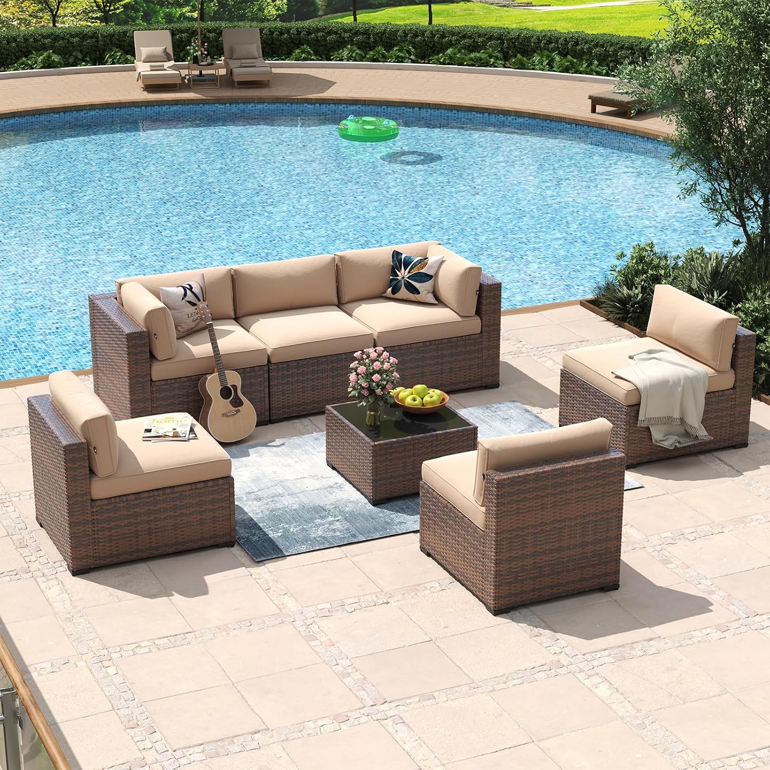 Aoxun 7 Piece Patio Furniture Set Wicker Rattan Patio Conversation Set Outdoor Sectional Sofa Set with Coffee Table and Thickened Cushions, Beige (Waterproof Cover Included)
