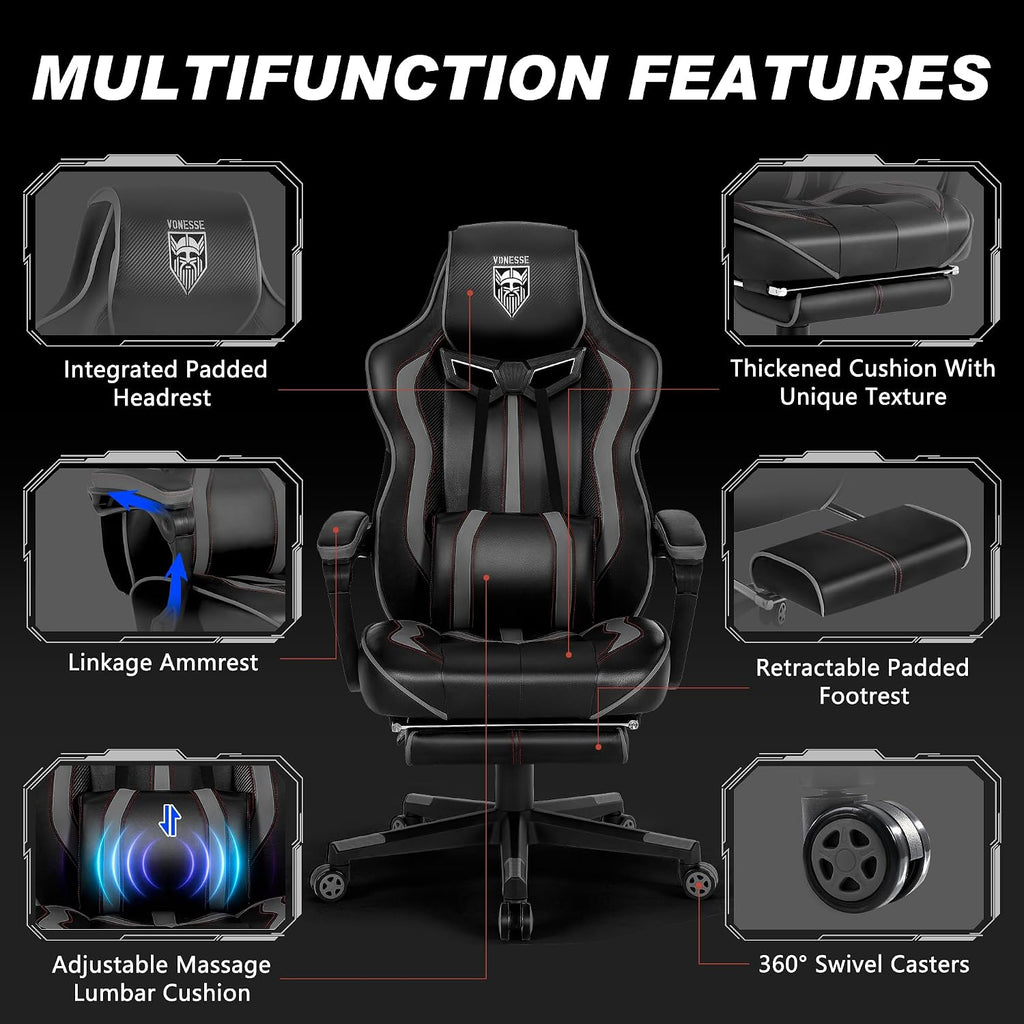Vonesse Gaming Chair for Adults, Reclining Gaming Chairs with Footrest and Massage, Computer Gaming Chair for Heavy People,Ergonomic Gamer Chair Big and Tall (Black/Gray)