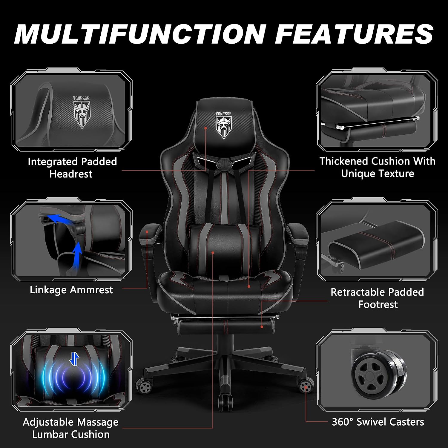 Vonesse Gaming Chair for Adults, Reclining Gaming Chairs with Footrest and Massage, Computer Gaming Chair for Heavy People,Ergonomic Gamer Chair Big and Tall (Black/Gray)
