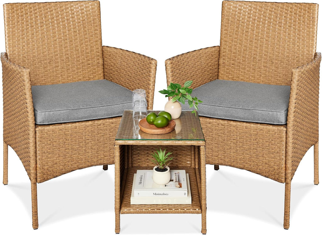Best Choice Products 3-Piece Outdoor Wicker Conversation Bistro Set, Space Saving Patio Furniture for Garden w/Side Table - Natural/Cement Gray