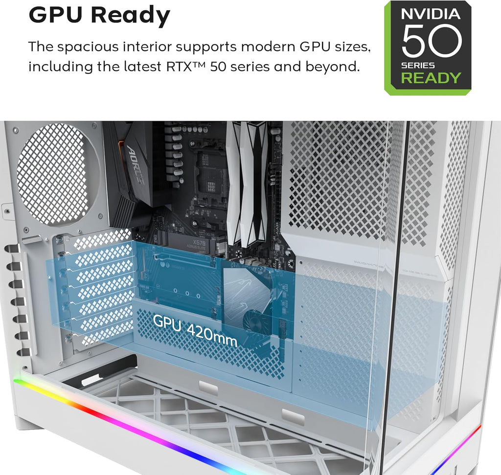 MONTECH HS02, ATX Mid-Tower PC Case, Gaming PC, High-Airflow, Reversible Layout, Sturdy Curved Tempered Glass Front Panel, Sink-in Design, Toolless Panels, White, US